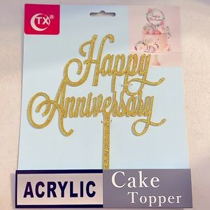 NIB Acrylic “Happy Anniversary” Glittery Gold Cake Topper